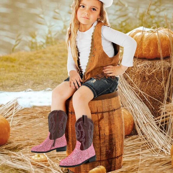 xinlanlin Kids Sequins Pink Embroidered Square Toe Mid Calf Glitter Western Boot - Picture 6 of 6